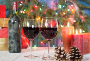 glasses of red wine with Christmas decoration