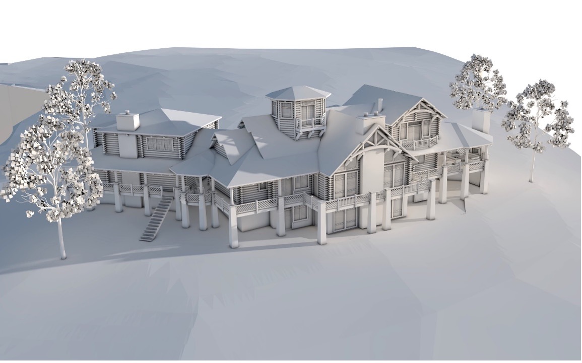 log home hunting lodge rendering