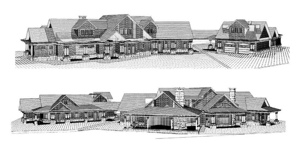 Shingle style timber frame home rendering