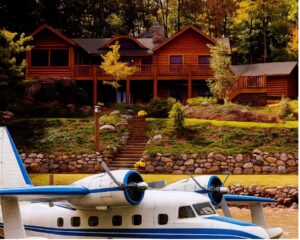 White and blue floatplane in front of a cedar cabin