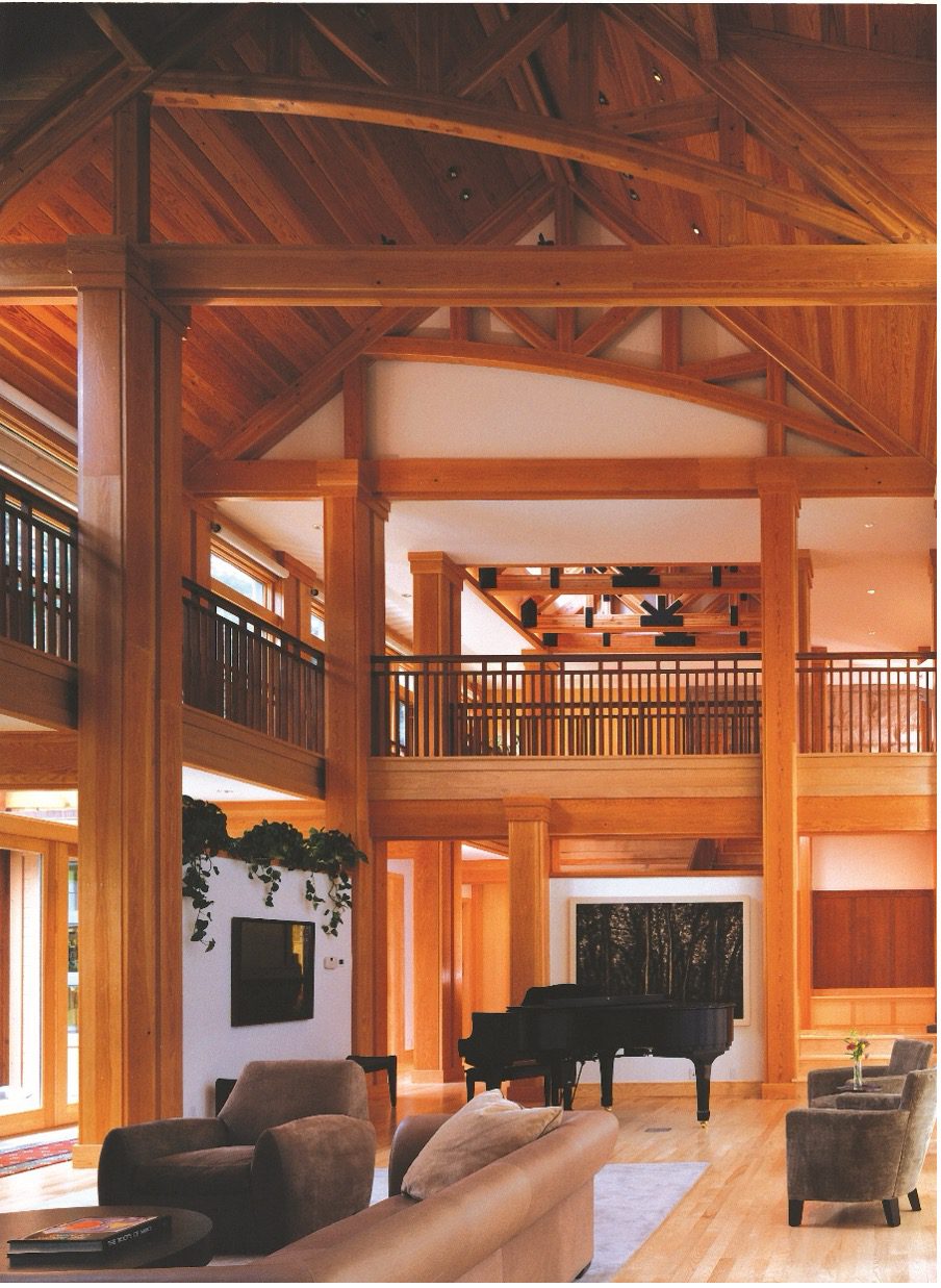 living room with log trusses