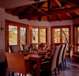 Long dining room table in a log home
